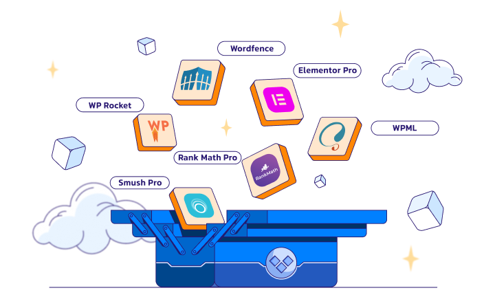 جعبه‌ابزار افزونه‌های هدیه وردپرس پارس‌پک شامل Elementor Pro، Rank Math Pro، WP Rocket، Wordfence، WPML و Smush Pro